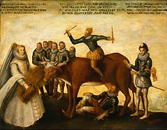 De opstandige Noordelijke Nederlanden, voorgesteld als een koe, erkennen niet langer het gezag van de Spaanse koning Filips II. Hij zit op het dier, terwijl daaronder prins Willem van Oranje ligt, de feitelijke leider van de Opstand 