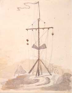 De Bataafse kusttelegraaf met seinwachtershuisje anno 1799. Aquarel M. Schouman. Collectie Nederlands Scheepvaartmuseum Amsterdam