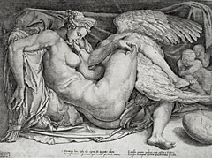 Cornelis Bos (1506-na 1563), Leda en de zwaan, gravure naar een werk van Michelangelo.  Rijksmuseum Amsterdam